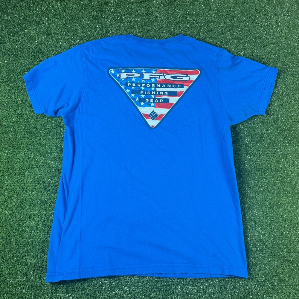 Columbia PFG Mens Blue Cotton Graphic T-Shirt American Flag Logo Size Medium‎